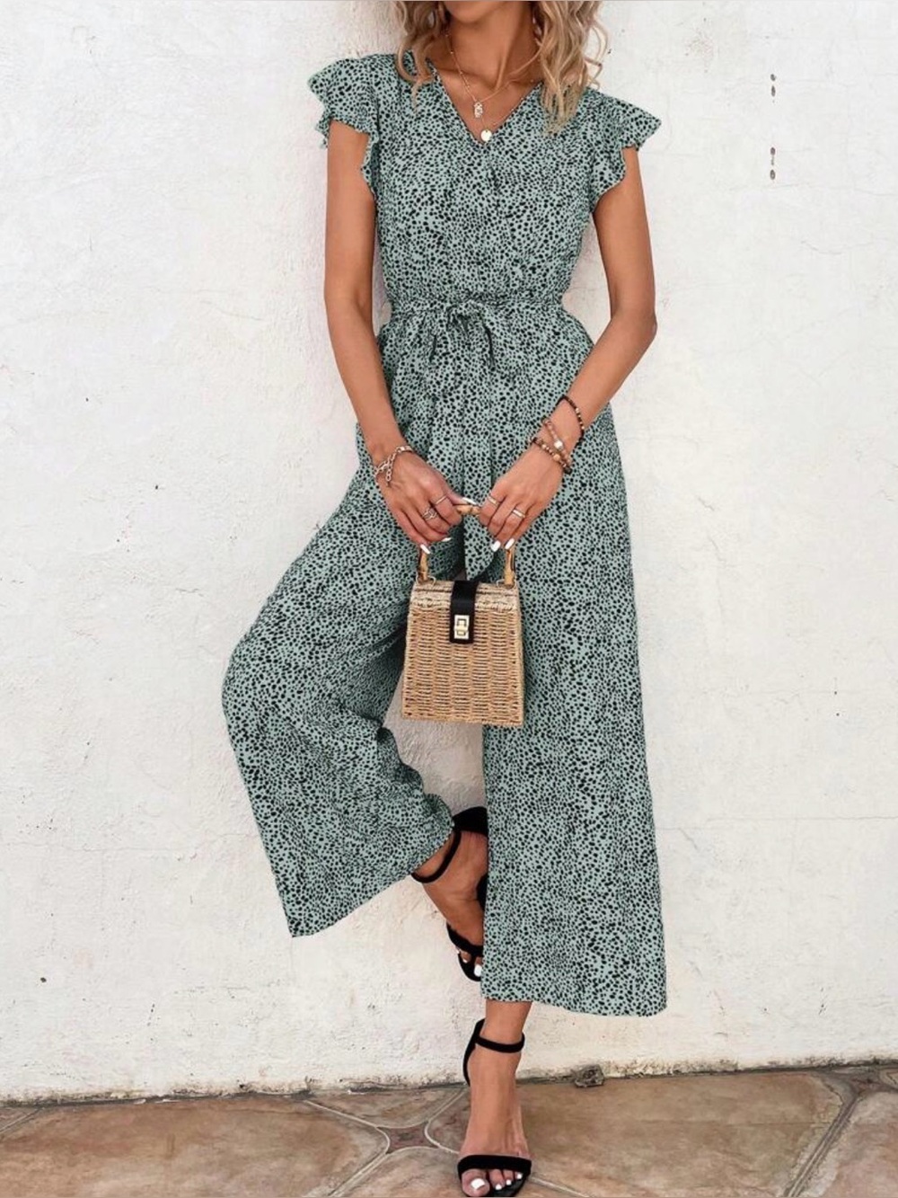 Emory Rose Jumpsuit Allover Print Butterfly Sleeves Belted Wide Leg Cropped LG.